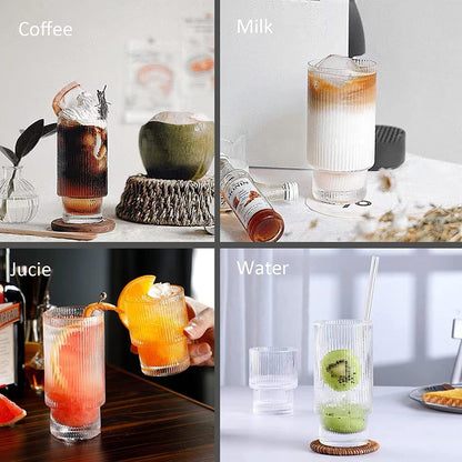 ALINK Ribbed Drinking Water Glasses with Glass Straws 6pcs Set, Vintage Iced Coffee Cups Glassware,