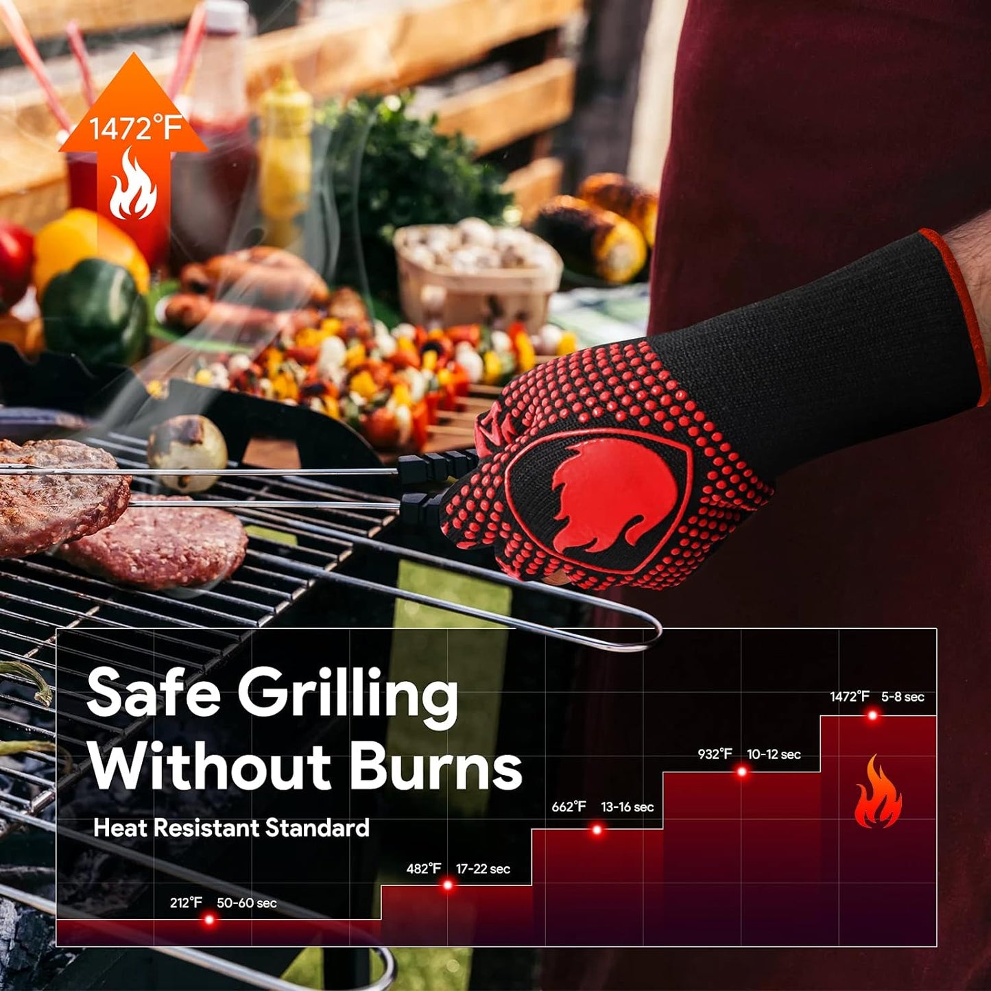 BBQ Gloves, Heat Resistant Oven Mitts Grilling Gloves - 1472℉ Extreme Heat Resistant, Oven Gloves Silicone