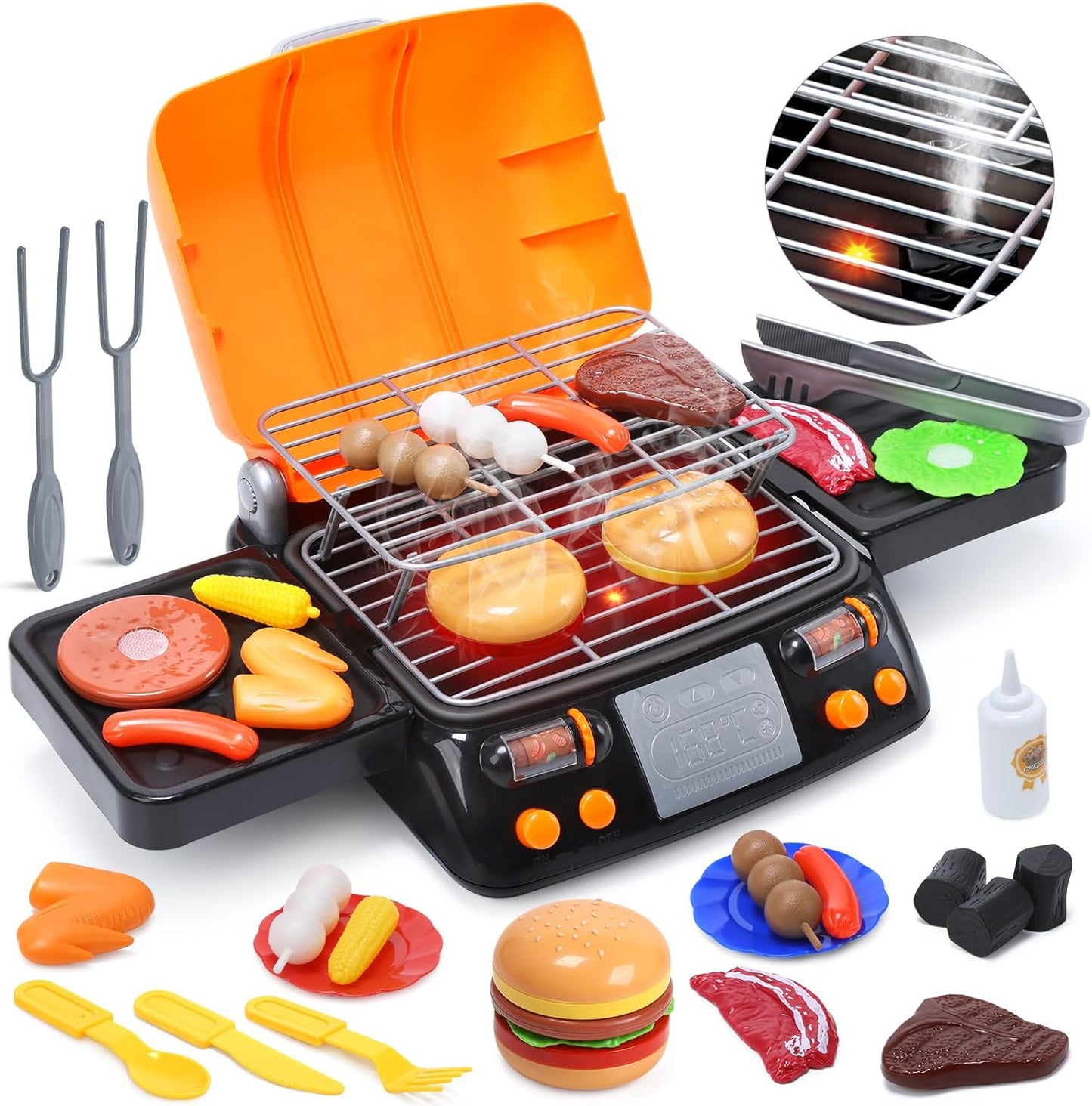 Cooking Toy BBQ Set, 2-Layer Kids Grill Playset with Play Food, Pretend