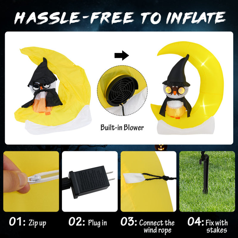 Inflatable Owl on Moon LED Lighted Halloween Decoration with Large Moon and Wizard Owl