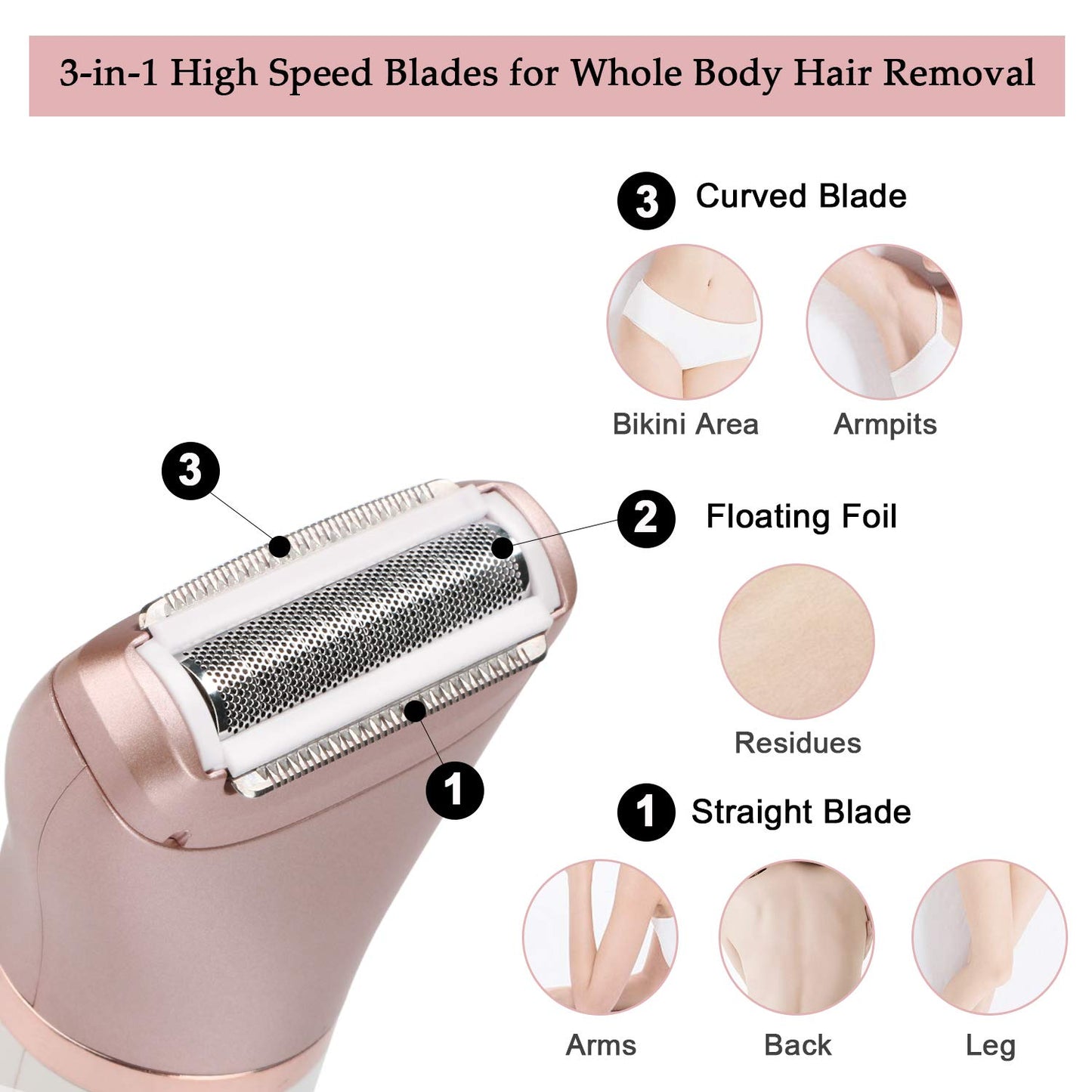 Electric Razor for Women -  2 in 1 Face and Body Shaver for Women Bikini Legs Armpit Face Wet & Dry Painless Rechargeable Trimmer 2 Changeable Hair Removal Heads (Rose Gold)